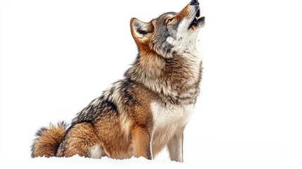 Obraz premium A wolf howling at the sky, standing on a white background.