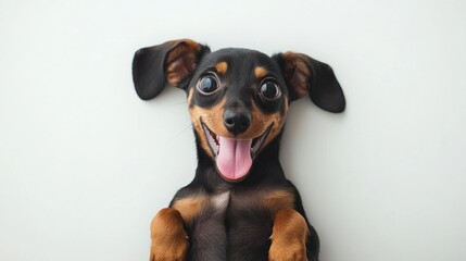 Adorable Dachshund Puppy with Silly Expression Lying on Back, Top View on White Background