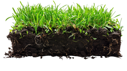Green grass with roots and soil isolated transparent background