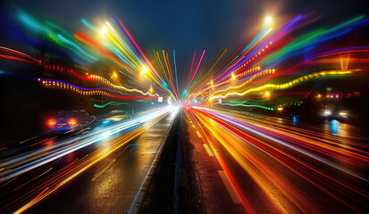 Fototapeta premium Dynamic Blurred Light Trails on Road: Speed and Motion Advertisement