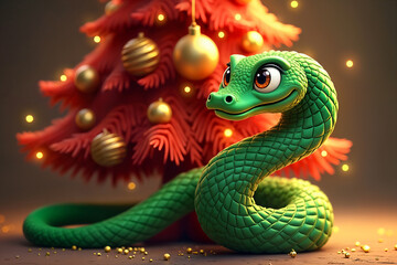 Fototapeta premium Vibrant green cartoon snake coiled around a Christmas tree adorned with red ornaments and gold bells, creating a festive holiday scene.
