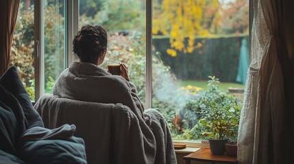 A cozy afternoon indoors enjoying a warm drink while gazing at the colorful autumn garden through a large window