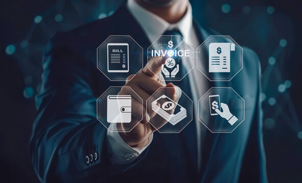 A businessman interacts with a virtual interface displaying icons for invoices and online statements, illustrating digital financial management.