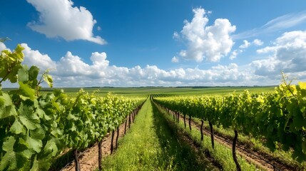 Fototapeta premium Picturesque Vineyard With Rows of Grapevines Under Blue Sky