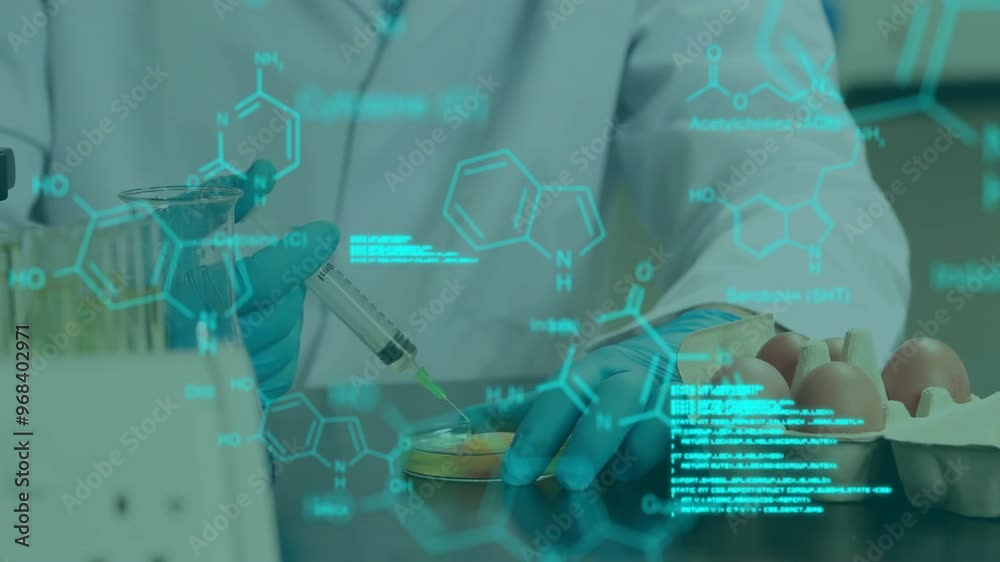 Poster animation of data processing and chemical formula over caucasian scientist working in lab