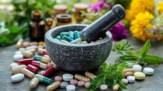 A stylized mortar and pestle surrounded by capsules, tablets, and medicinal plants