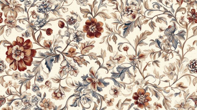 Vintage tapestry pattern with intricate floral and vine motifs in muted tones.