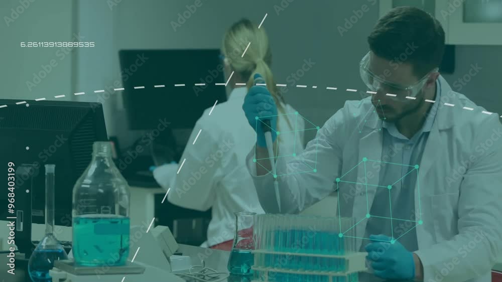 Poster animation of data processing over caucasian scientists working in lab