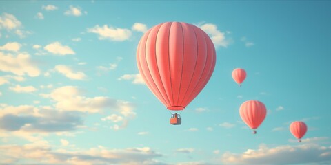 Fototapeta premium Dreamy sky with red hot air balloons floating among soft clouds at sunrise