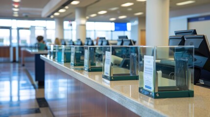 Fototapeta premium Deposit Slip Holders: Containers or stands that hold deposit and withdrawal slips, provided for customers to complete before visiting the teller counter. 