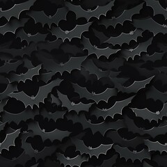 Seamless pattern in the form of a cloud of bats for Halloween. A bat cut out of paper, on a black background. Design of packaging, cover, background.