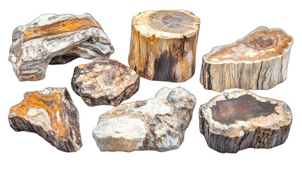 Set of Petrified wood - piece of mineral stone isolated on white background
