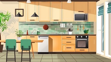 Cozy Modern Kitchen with Green Accents and Sunny Windows