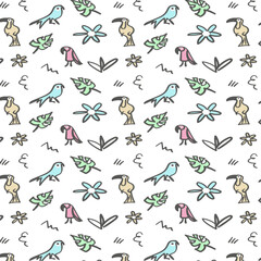 Trendy and fun wallpapers. Seamless pattern with tropical leaf and parrot on white background.