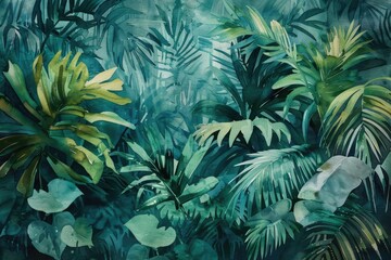 Fototapeta premium Watercolor Abstract of Lush Green Tropical Leaves