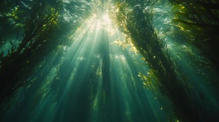 Sunlight Beams Through Kelp Forest in Underwater Scene
