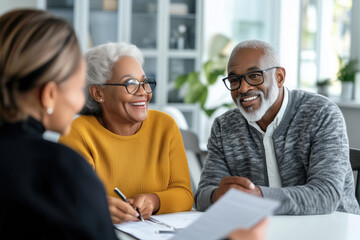 Senior married african american couple meeting with a financial or retirement female advisor in the office