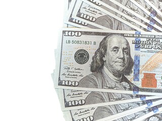 100 American dollars cash isolated on White background. dollar Benjamin Franklin, concept of currency, investment, wealth money, medium of exchange, American taxes, luxury