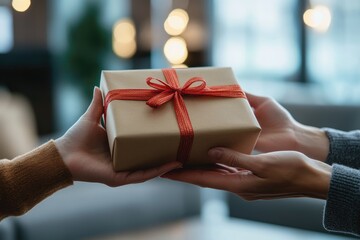 Exchanging Wrapped Gift in Modern Office with Festive Atmosphere, Corporate Gratitude