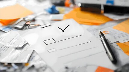 Fototapeta premium Ticked Checklist on a Cluttered Desk Signifying Completed Task and Organized Workflow
