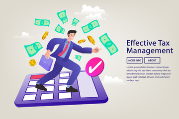 A conceptual banner for effective tax management. A businessman runs on a calculator towards a check mark, with money flying, symbolizing tax filing, refunds, and financial auditing.