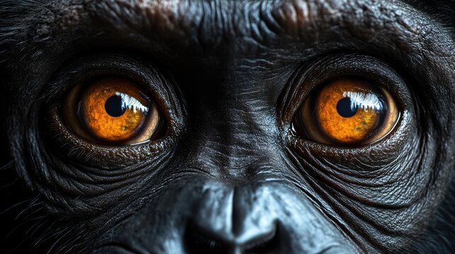 Close-up of a chimpanzees eyes on a white background, emotional depth