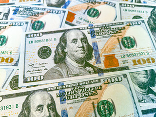 100 american dollars cash in full frame photo. dollar Benjamin Franklin, currency concept, investment, wealth money, medium of exchange, american taxes, luxury, greed, hard work, dollar business