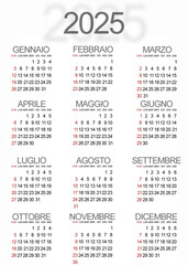 A 2025 calendar in Italian language on white background. Classic illustration design.