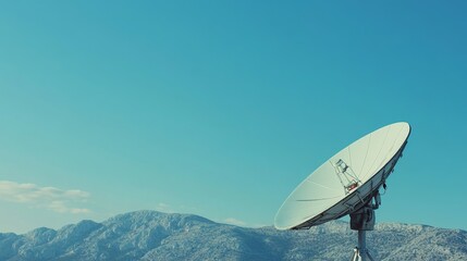A satellite dish stands against a clear blue sky and mountain backdrop.