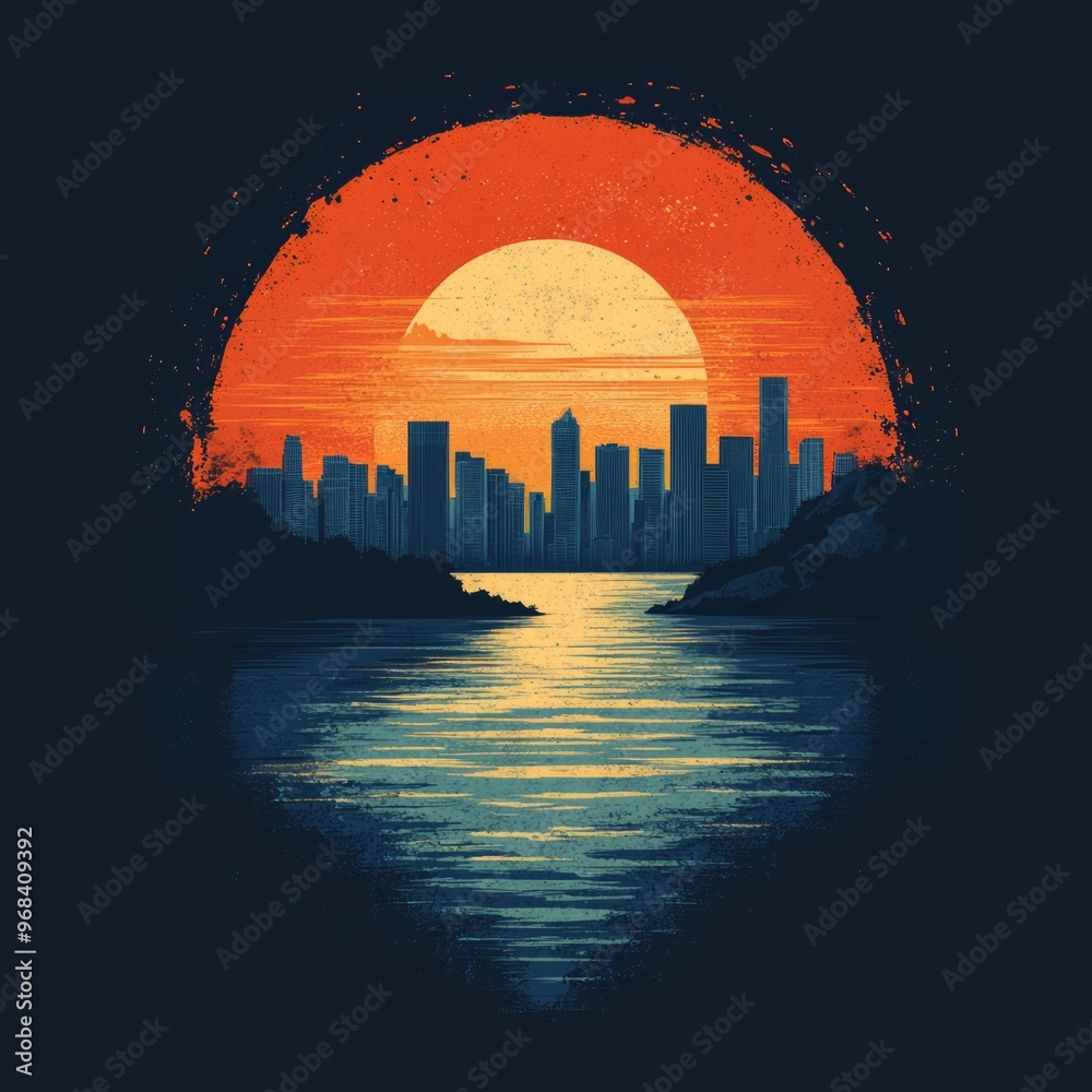 Sticker A vibrant sunset over a city skyline reflected in water, showcasing a blend of colors.