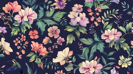 Whimsical Tropical Floral Pattern with Hummingbird