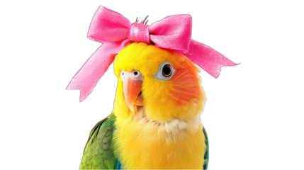Cute parrot with a pink bow on its head, isolated on white
