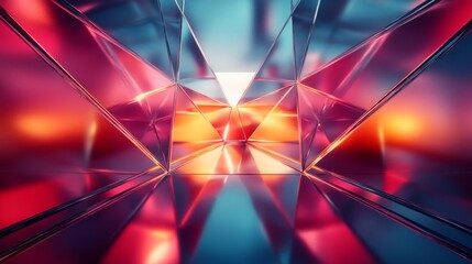 Abstract 3D Render of Shiny Triangular Shapes with Red, Orange, and Blue Gradient Lighting