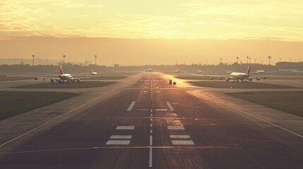 Fototapeta premium A serene airport runway at sunrise with planes positioned on the tarmac.
