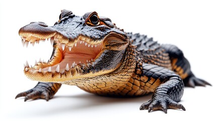Naklejka premium Crocodile with its mouth open on a white background, showing sharp teeth