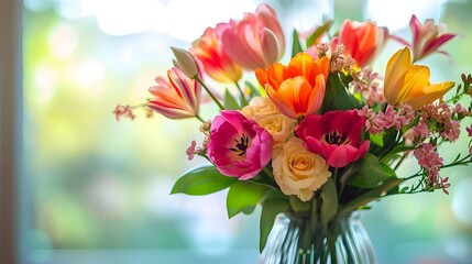 A beautiful stock photo of a vibrant bouquet of flowers, including tulips, roses, and lilies in various bold colors.