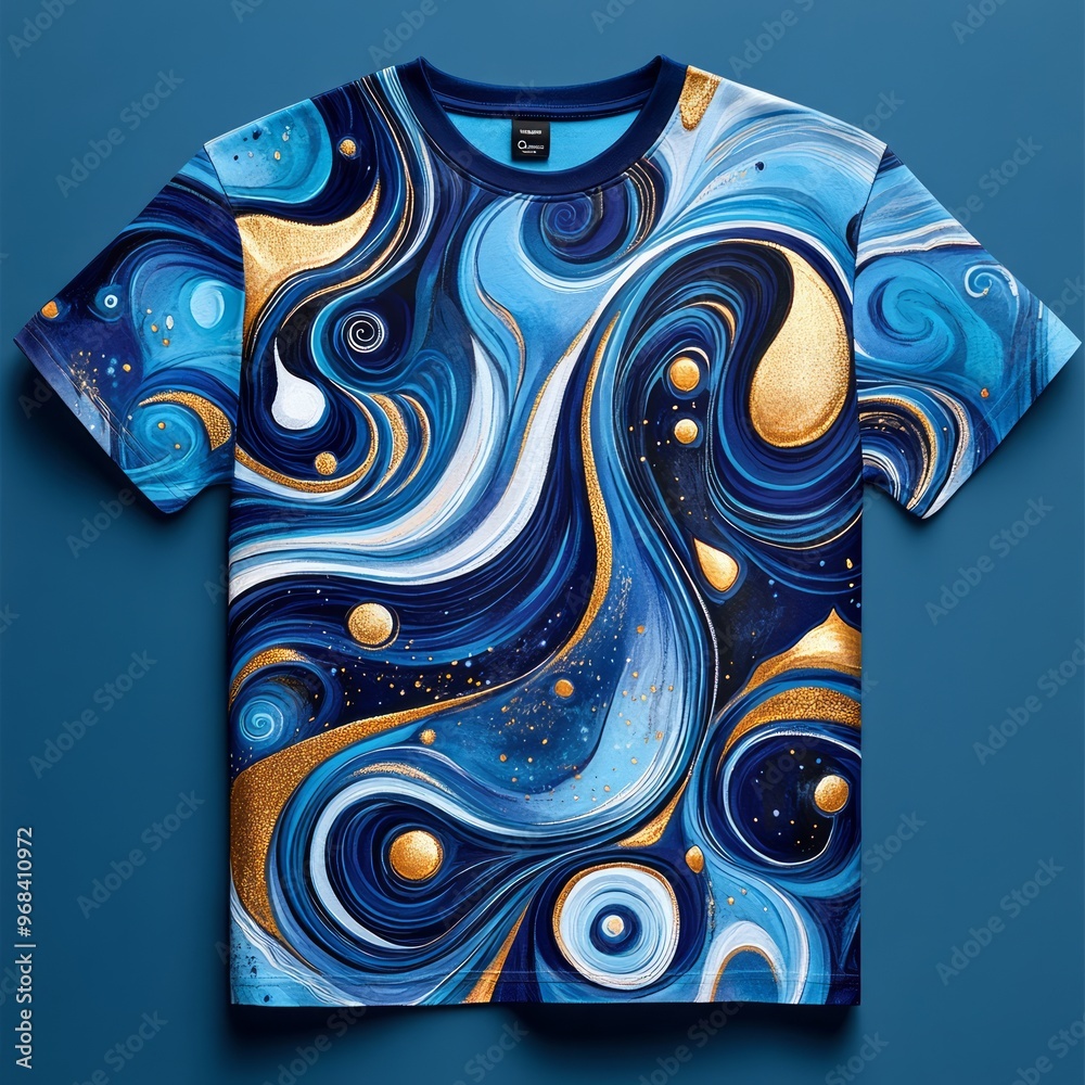 Poster A vibrant t-shirt featuring swirling blue and gold abstract patterns resembling cosmic elements.