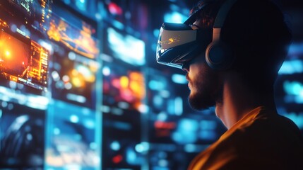 Close up of man's face wearing VR headset with a bright futuristic background behind.