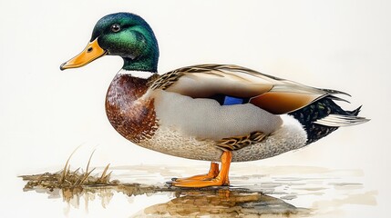 Detailed illustration of a mallard duck showcasing its unique markings on a white background