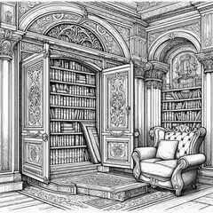 Fototapeta premium hidden alcove in the library with a secret doorway coloring page 