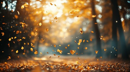 Naklejka premium Golden Leaves Falling Through Sunlight in Autumn Forest
