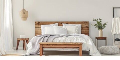 Contemporary living space featuring a wooden bed dressed in a white duvet and cushions.