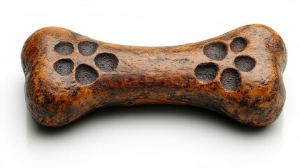 Dog bone with paw prints on a white background, detailed and fun