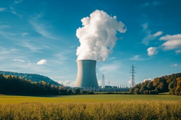 Nuclear power plant releasing steam against a clear blue sky on a sunny day, surrounded by lush green fields and distant hills