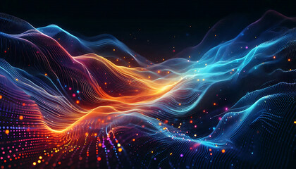 Abstract digital illustration featuring flowing waves of vibrant colors orange blue and purple against a dark background. The waves are composed of small glowing particles
