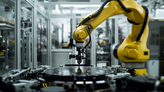 Close-up of a yellow robotic arm working on a manufacturing line in a factory.