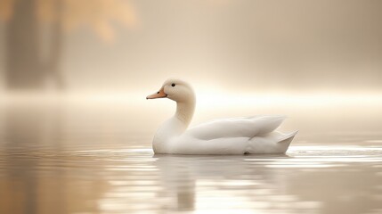 Elegant white duck floating on a serene pond with a white background