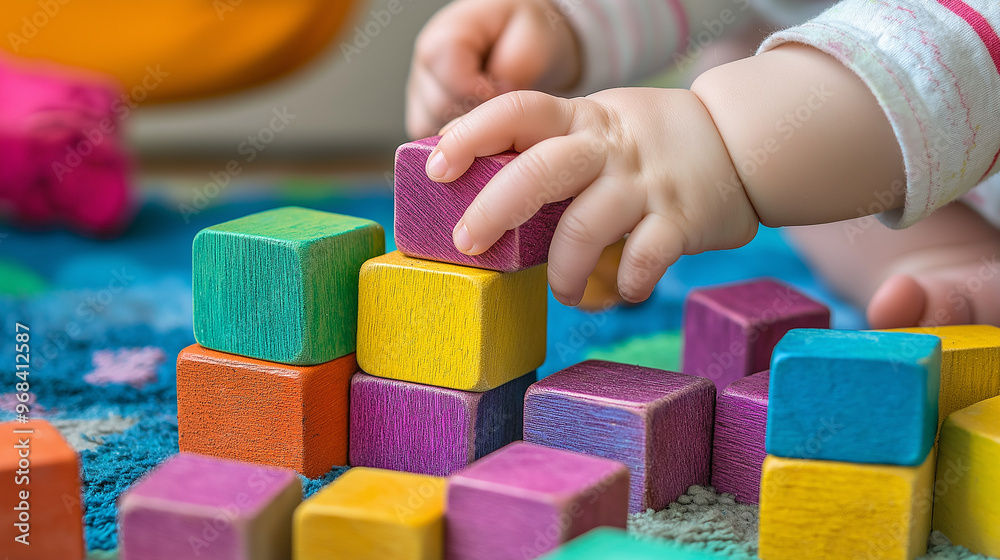 Wall mural baby playing with colorful wooden blocks on soft surface