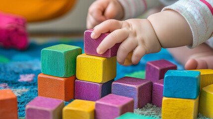 Baby playing with colorful wooden blocks on soft surface