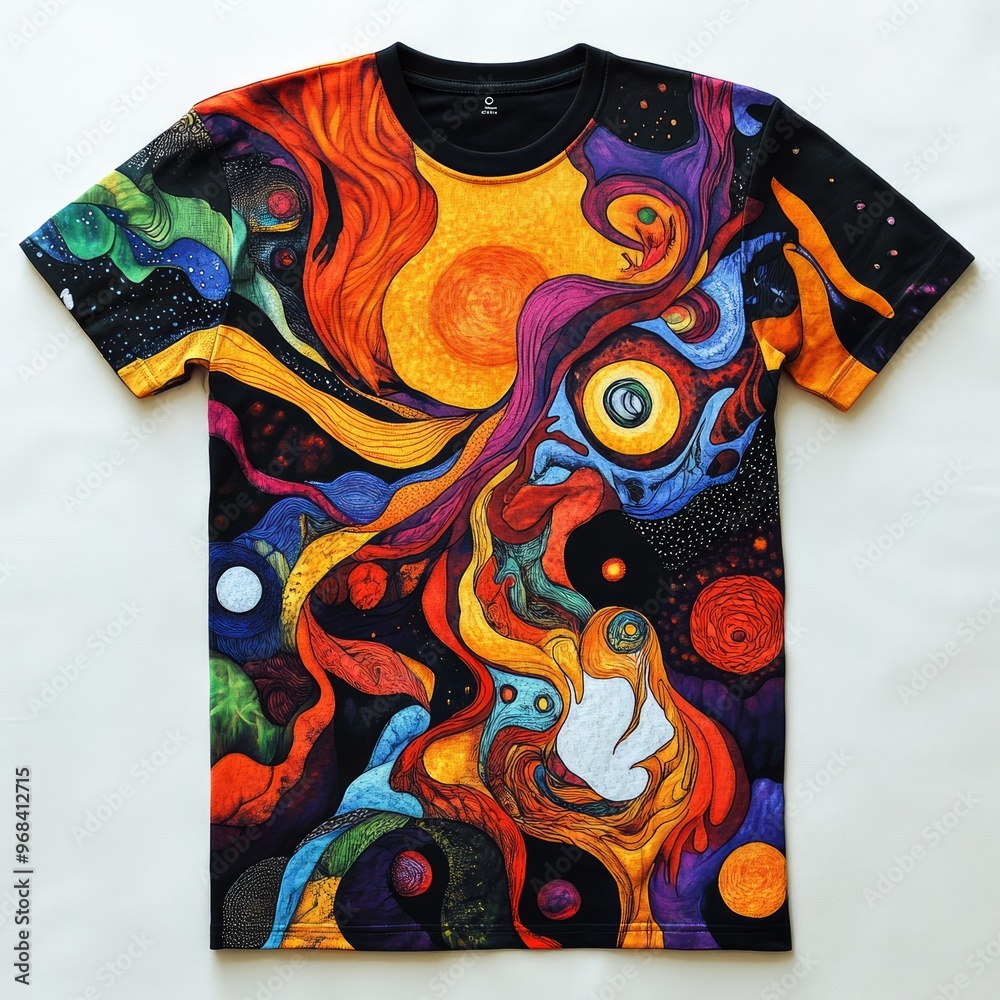 Sticker A vibrant, abstract t-shirt design featuring cosmic and colorful patterns.